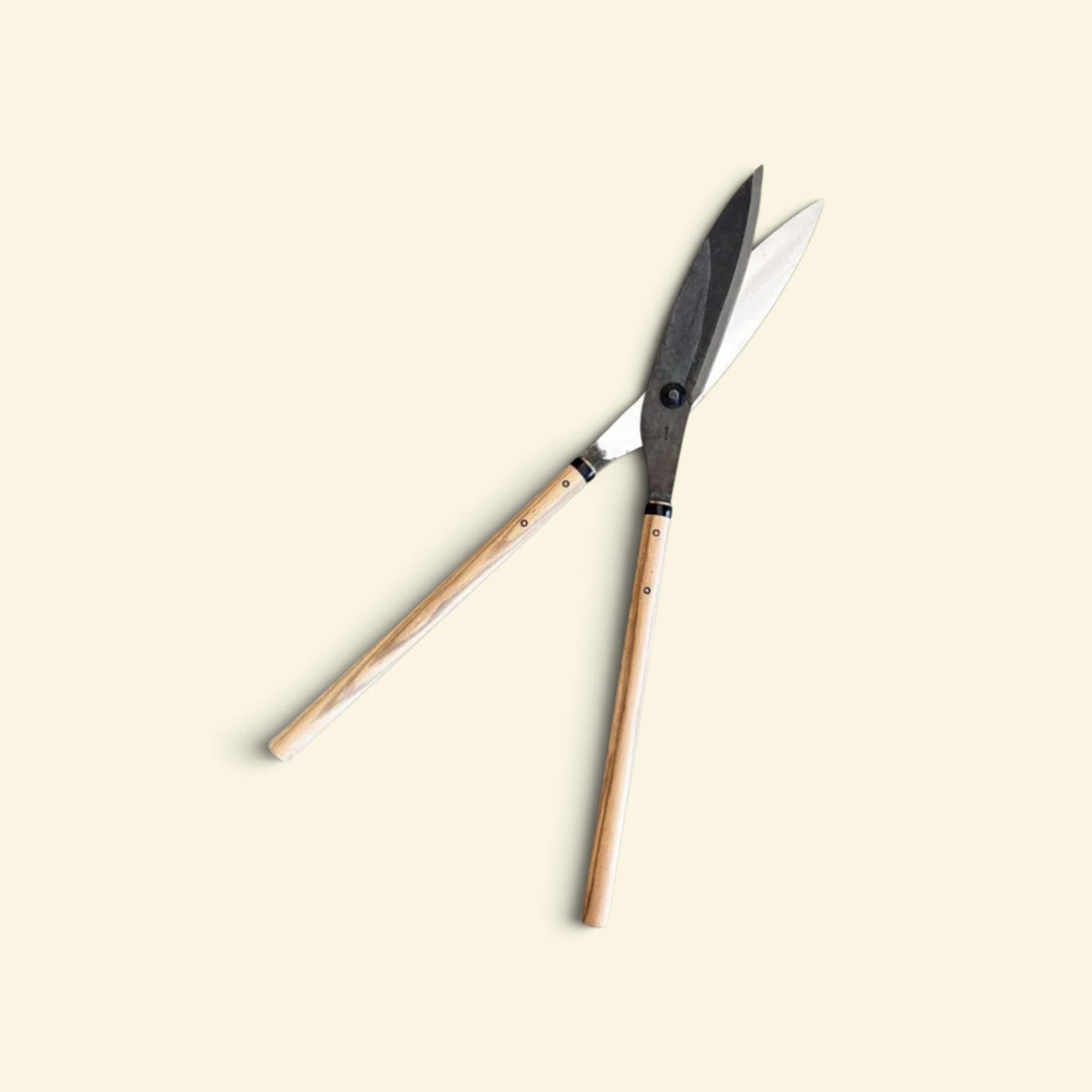 Hasamiya Ichiban Traditional Thatched-Roof Curved Trimming Shears 240mm Yasugi Yellow Paper Steel / Oak Handle 450mm [Traditional Hand-Forged from Scratch / Twist Blade / Urasuki Hollow Ground / Rivet Joint / Curved Blade Thatched-Roof Model]