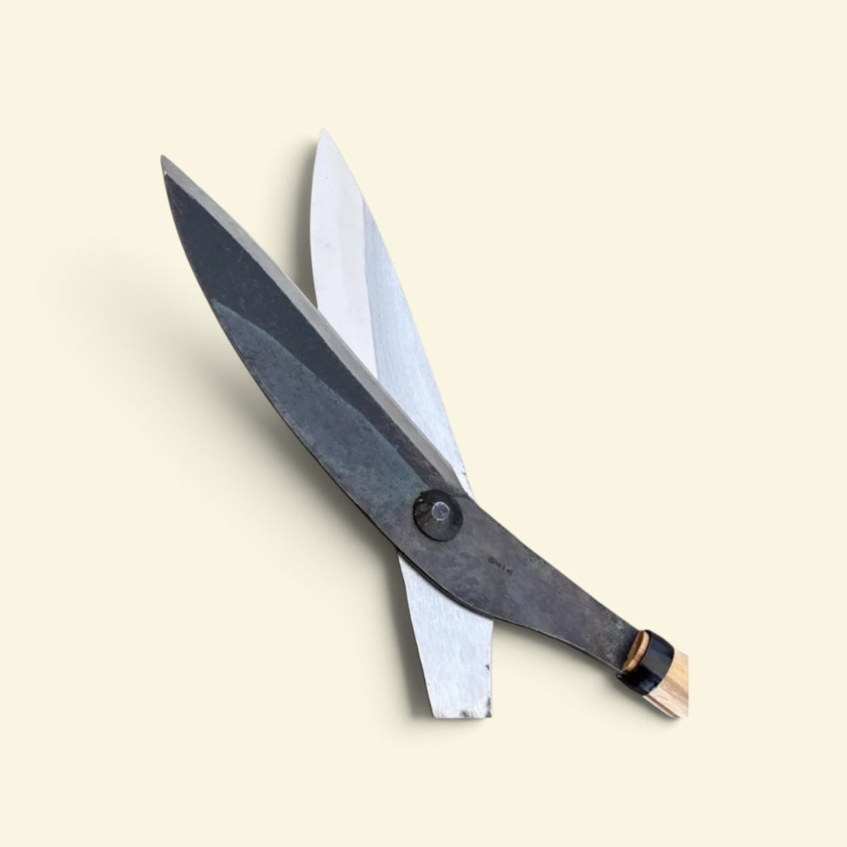 Hasamiya Ichiban Traditional Thatched-Roof Curved Trimming Shears 240mm Yasugi Yellow Paper Steel / Oak Handle 450mm [Traditional Hand-Forged from Scratch / Twist Blade / Urasuki Hollow Ground / Rivet Joint / Curved Blade Thatched-Roof Model]