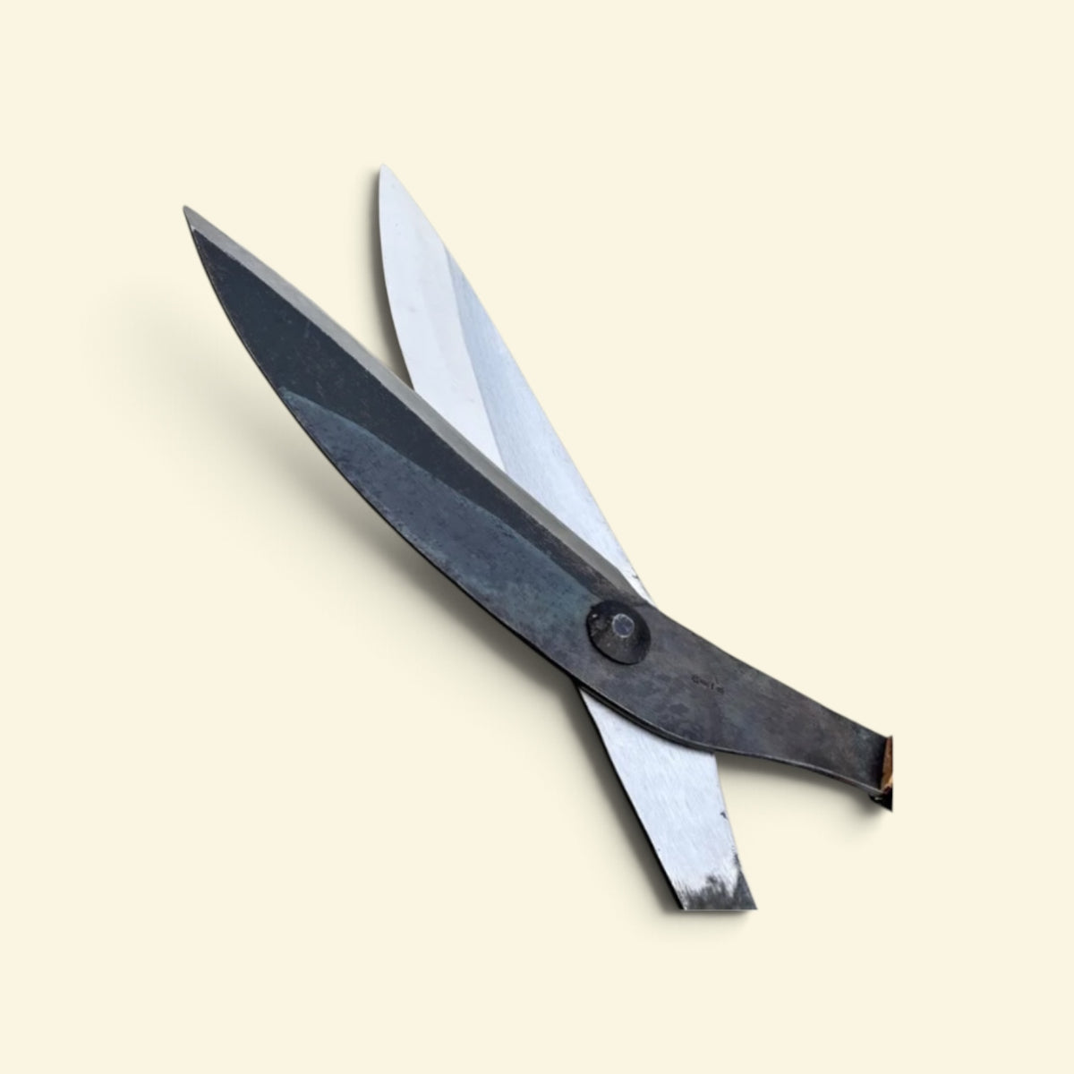 Hasamiya Ichiban Traditional Thatched-Roof Curved Trimming Shears 225mm [Yasugi Yellow Paper Steel / 420mm Oak Handle / Hand-Forged / Twist Blade / Urasuki Hollow Ground / Rivet Joint]