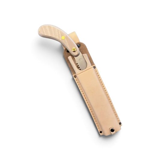 Hishika 150mm Hand-Forged Japanese Beechwood Handle and Sheath Mini Pruning Saw with Heavy-Duty Leather Belt Holster Set [Hand-Tempered Steel / Wooden Scabbard Compatible / Resharpenable / Made in Miki, Japan]
