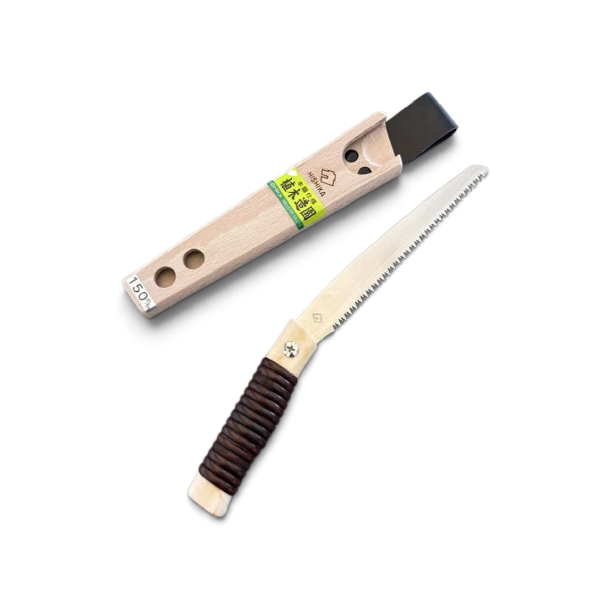 Hishika 150mm Hand-Forged Japanese Beechwood Handle and Sheath Mini Pruning Saw [Rattan-Wrapped Straight Handle / Hand-Tempered High-Carbon Steel / Thin Blade Back-Tapered / Resharpenable / Made in Miki, Japan]