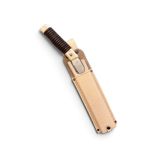Hishika 150mm Hand-Forged Japanese Beechwood Handle and Sheath Mini Pruning Saw (Rattan-Wrapped Straight Handle) with Heavy-Duty Leather Belt Holster Set [Hand-Tempered Steel / Wooden Scabbard Compatible / Resharpenable / Made in Miki, Japan]
