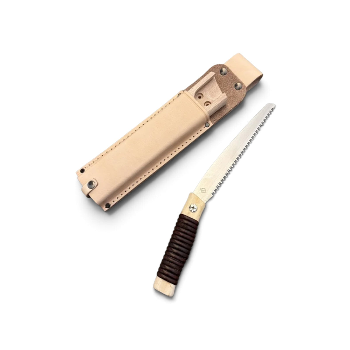 Hishika 150mm Hand-Forged Japanese Beechwood Handle and Sheath Mini Pruning Saw (Rattan-Wrapped Straight Handle) with Heavy-Duty Leather Belt Holster Set [Hand-Tempered Steel / Wooden Scabbard Compatible / Resharpenable / Made in Miki, Japan]