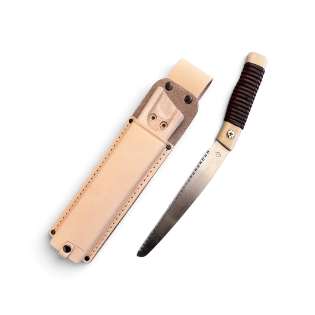 Hishika 150mm Hand-Forged Japanese Beechwood Handle and Sheath Mini Pruning Saw (Rattan-Wrapped Straight Handle) with Heavy-Duty Leather Belt Holster Set [Hand-Tempered Steel / Wooden Scabbard Compatible / Resharpenable / Made in Miki, Japan]