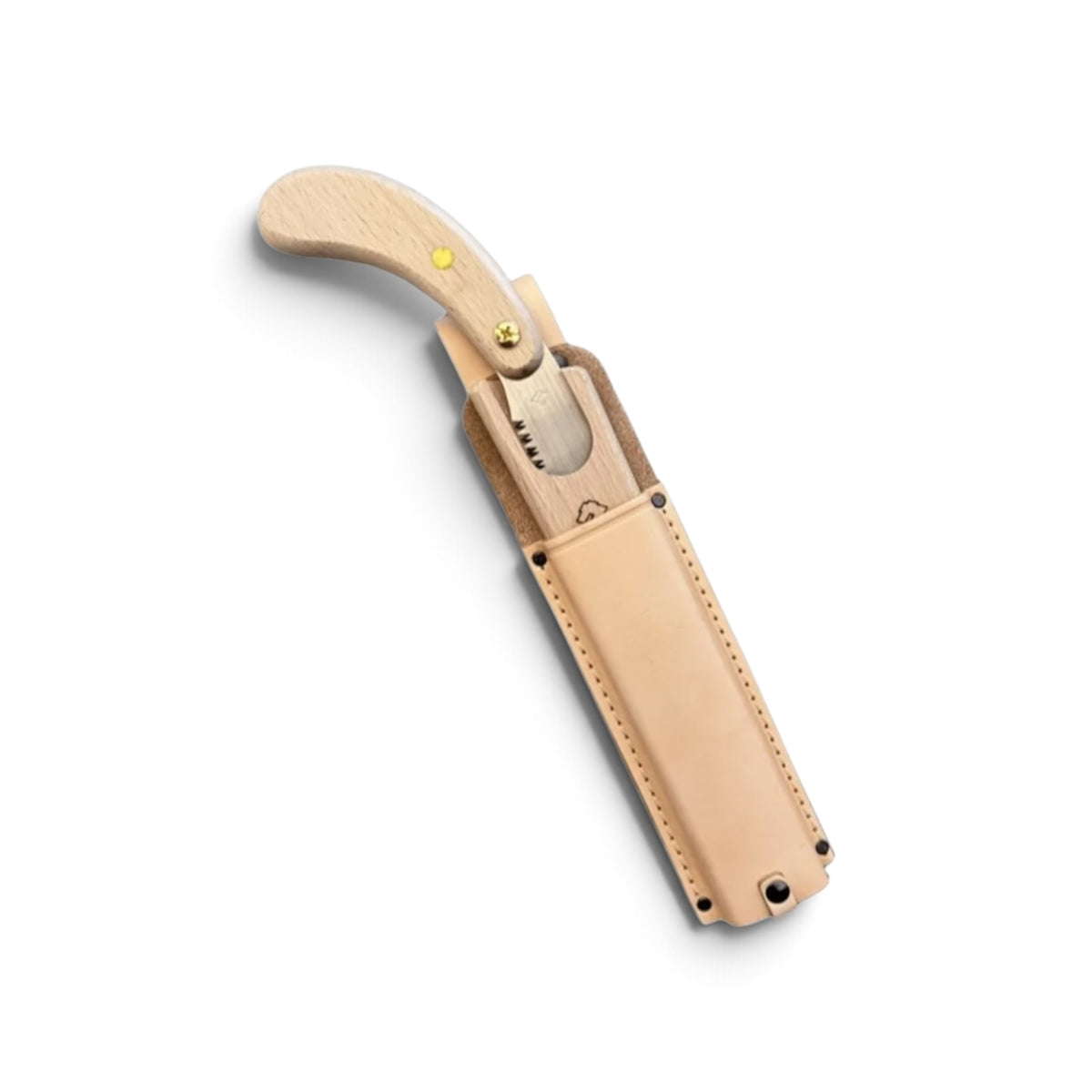 Hishika 180mm Hand-Forged Japanese Beechwood Handle and Sheath Mini Pruning Saw with Heavy-Duty Leather Belt Holster Set [Hand-Tempered Steel / Wooden Scabbard Compatible / Resharpenable / Made in Miki, Japan]