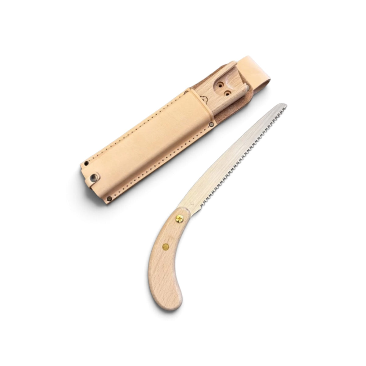 Hishika 180mm Hand-Forged Japanese Beechwood Handle and Sheath Mini Pruning Saw with Heavy-Duty Leather Belt Holster Set [Hand-Tempered Steel / Wooden Scabbard Compatible / Resharpenable / Made in Miki, Japan]