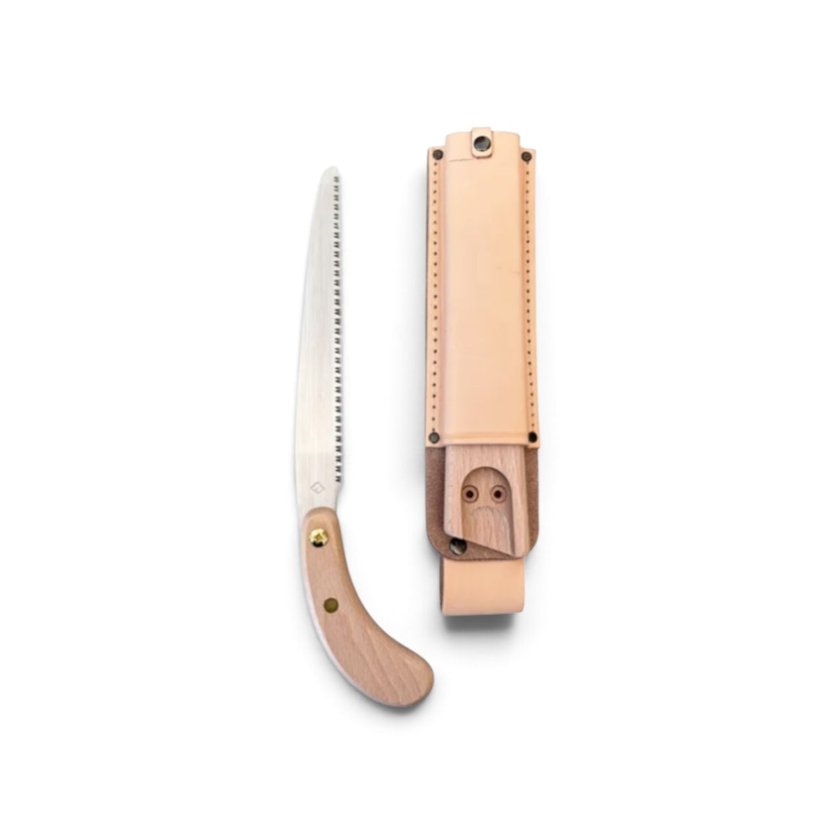 Hishika 180mm Hand-Forged Japanese Beechwood Handle and Sheath Mini Pruning Saw with Heavy-Duty Leather Belt Holster Set [Hand-Tempered Steel / Wooden Scabbard Compatible / Resharpenable / Made in Miki, Japan]