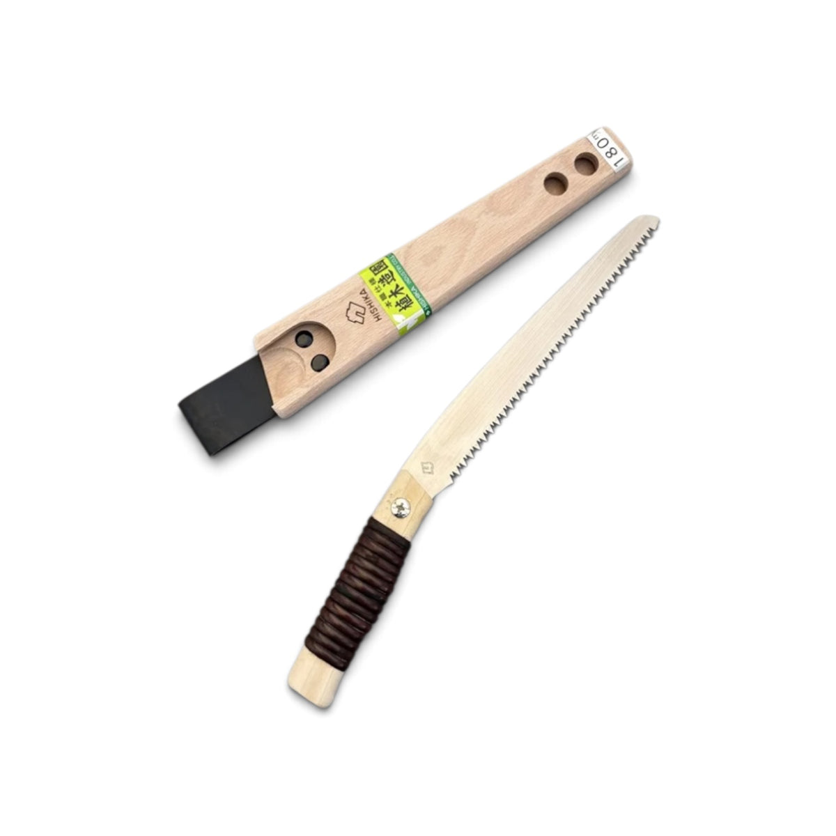 Hishika 180mm Hand-Forged Japanese Beechwood Handle and Sheath Mini Pruning Saw [Rattan-Wrapped Straight Handle / Hand-Tempered High-Carbon Steel / Thin Blade Back-Tapered / Resharpenable / Made in Miki, Japan]