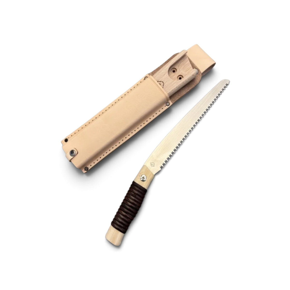 Hishika 180mm Hand-Forged Japanese Beechwood Handle and Sheath Mini Pruning Saw (Rattan-Wrapped Straight Handle) with Heavy-Duty Leather Belt Holster Set [Hand-Tempered Steel / Wooden Scabbard Compatible / Resharpenable / Made in Miki, Japan]