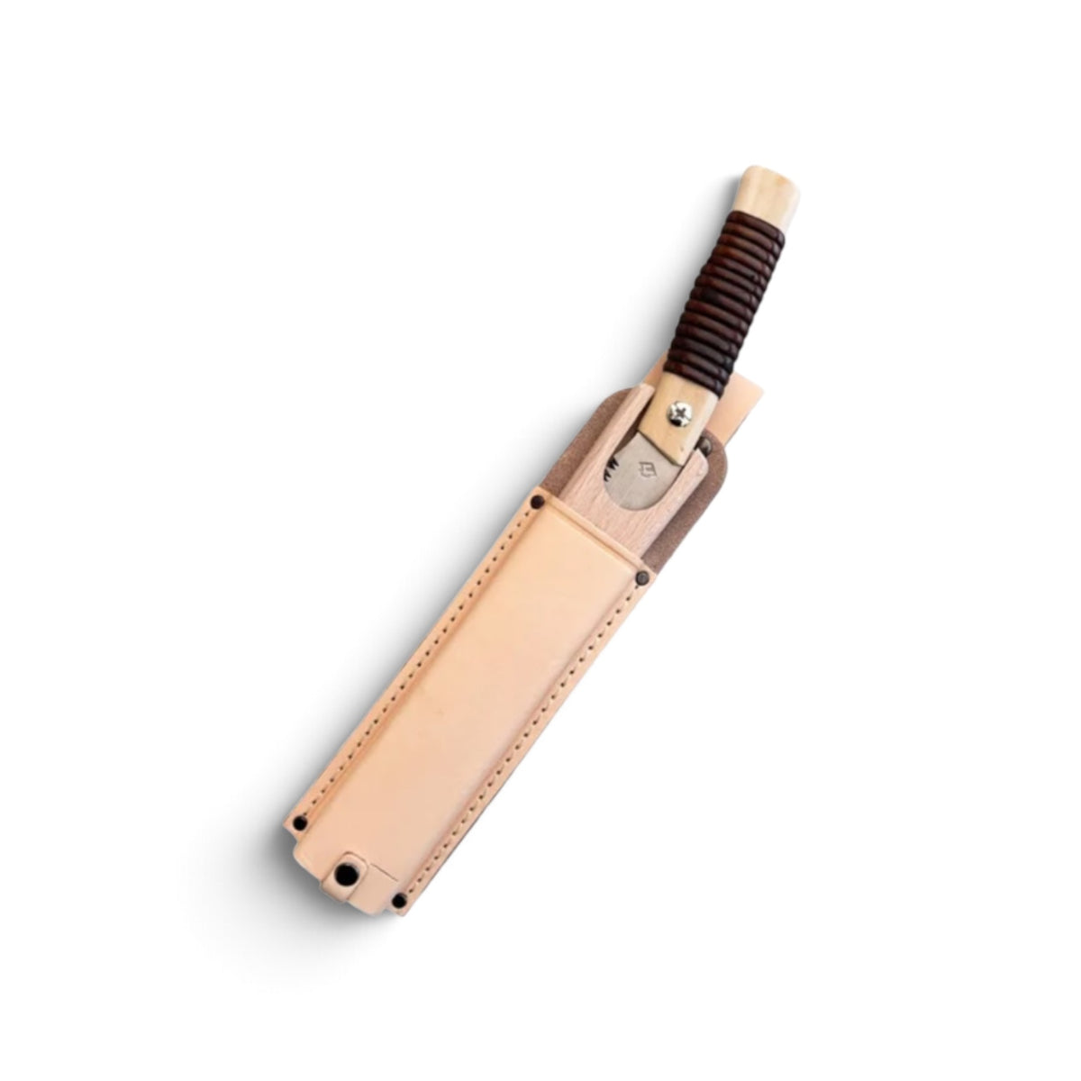 Hishika 180mm Hand-Forged Japanese Beechwood Handle and Sheath Mini Pruning Saw (Rattan-Wrapped Straight Handle) with Heavy-Duty Leather Belt Holster Set [Hand-Tempered Steel / Wooden Scabbard Compatible / Resharpenable / Made in Miki, Japan]
