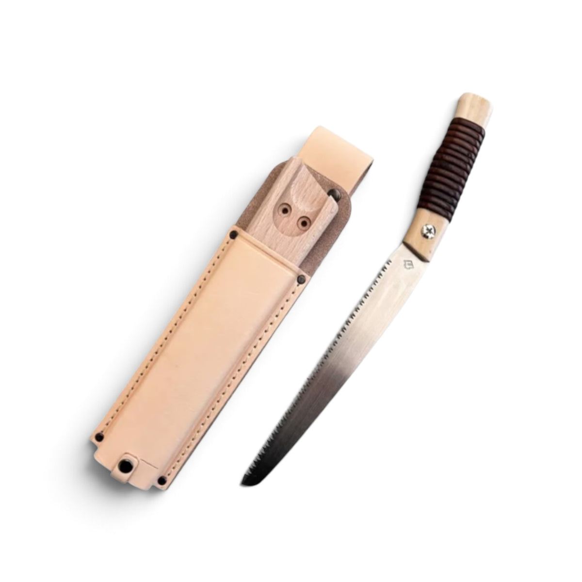 Hishika 180mm Hand-Forged Japanese Beechwood Handle and Sheath Mini Pruning Saw (Rattan-Wrapped Straight Handle) with Heavy-Duty Leather Belt Holster Set [Hand-Tempered Steel / Wooden Scabbard Compatible / Resharpenable / Made in Miki, Japan]