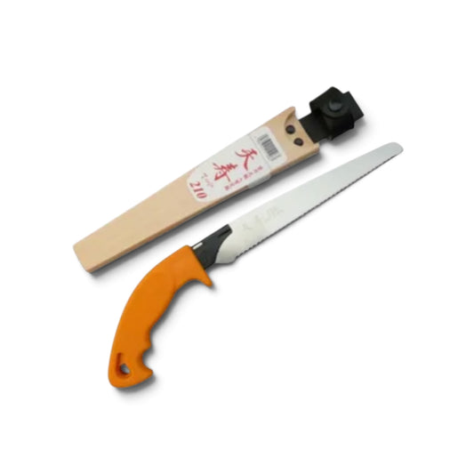 Tenju Sheathed Pruning Saw 210mm with Resin Scabbard [Blade Length: 210mm / 0.6mm Ultra-Thin Blade / Japanese High-Carbon Tool Steel / Ergonomic Elastomer Grip / Lightweight Resin Sheath]